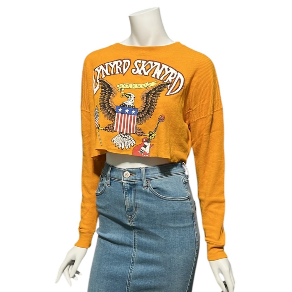 Forever 21 Lynard Skynyrd Waffle Knit Graphic Long Sleeve Top Deep Yellow S